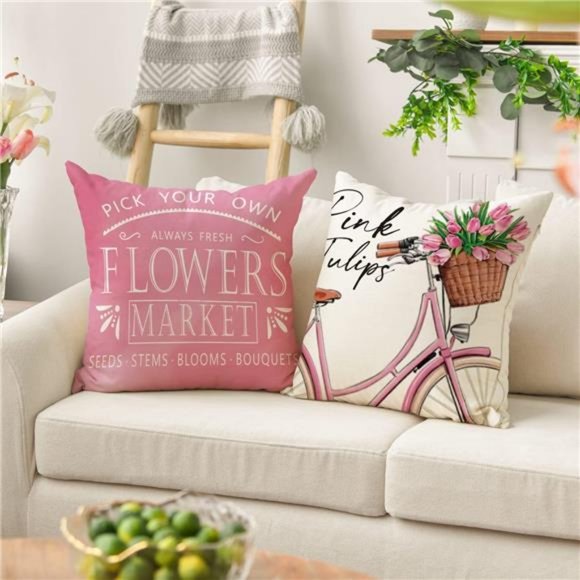 Floral Decorative Throw Pillow Covers Pink Accent Cases Cottage Spring Decor 18" - Picture 3 of 9